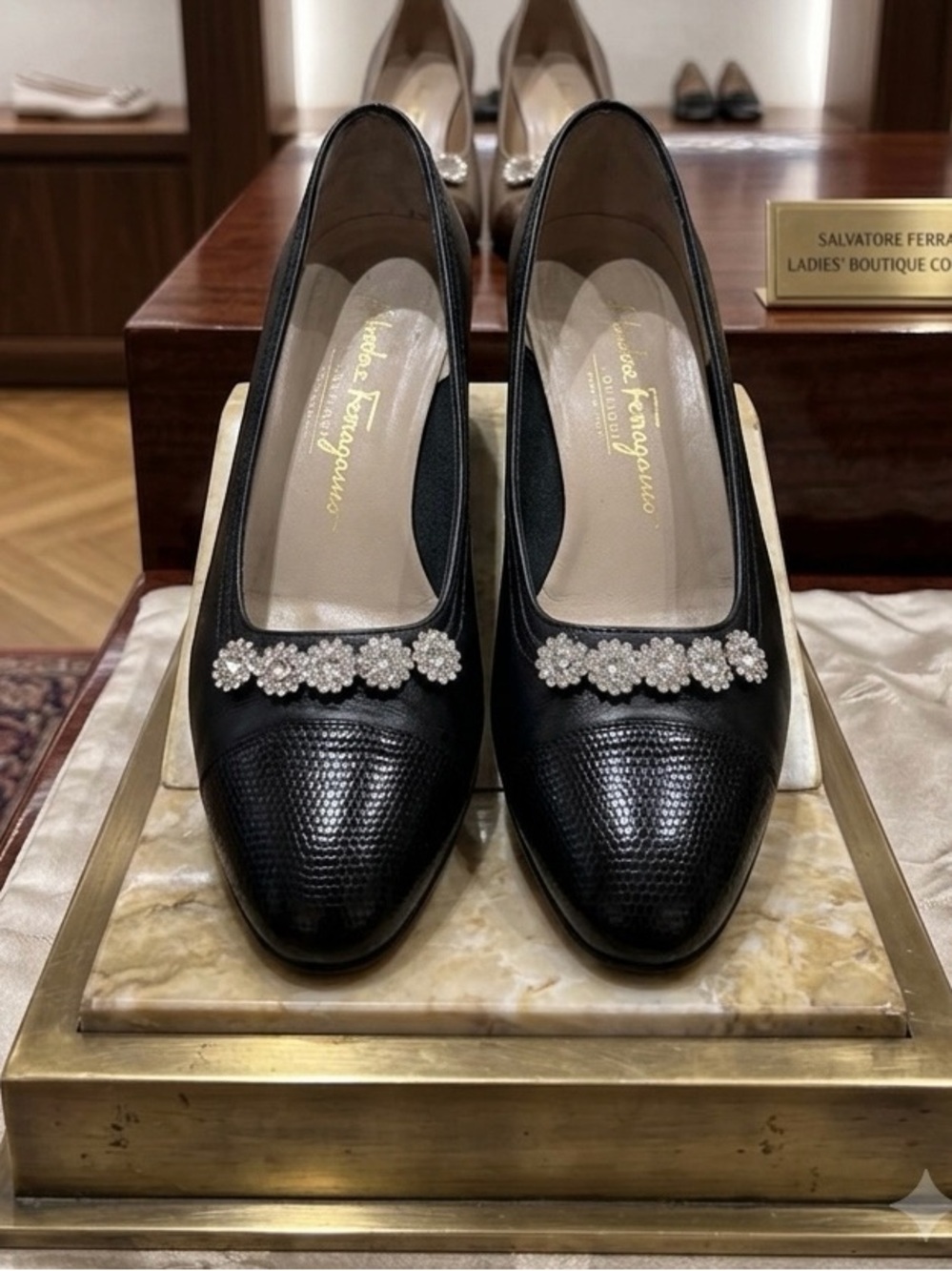 Salvatore Ferragamo Boutique Black Leather  Crystal Rhinestone Shoes  Size 7.5 B